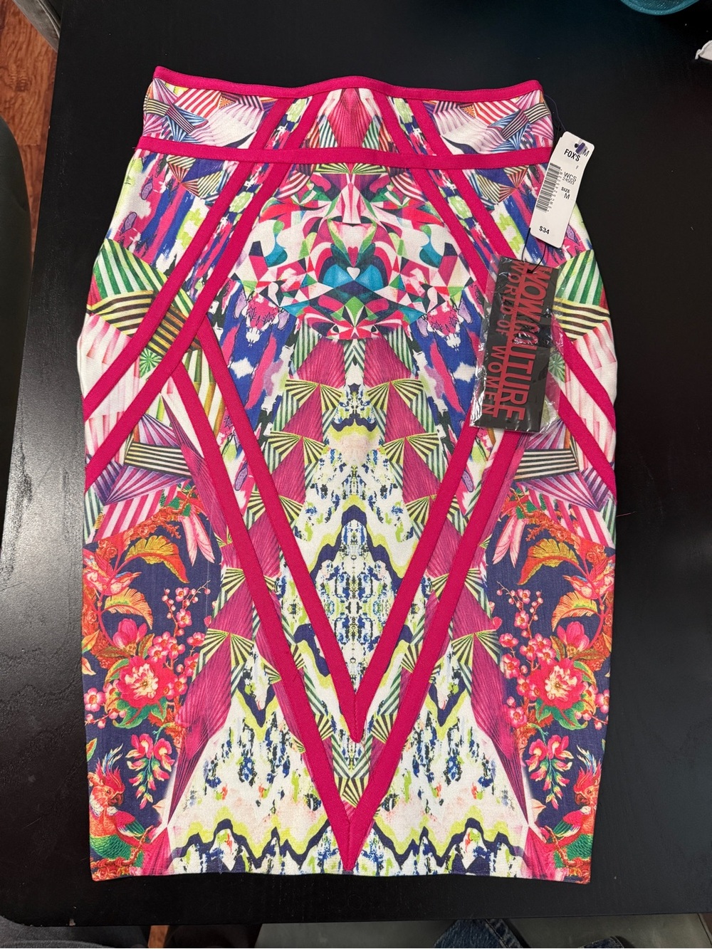 WOW couture Multicolor Geometric Floral Midi Skirt with Pink Trim